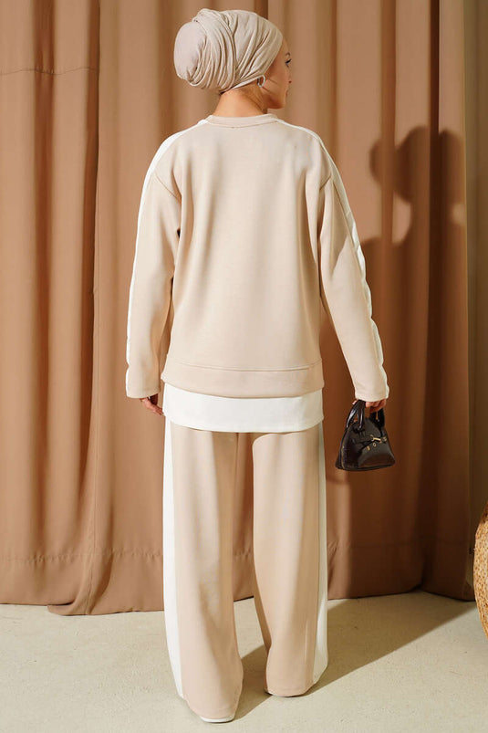 Loysha Garnished Two-Piece Suit Beige with Emblem Detail