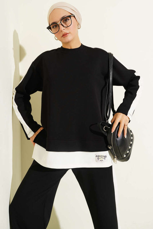 Loysha Garnished Two Piece Suit with Emblem Detail, Black