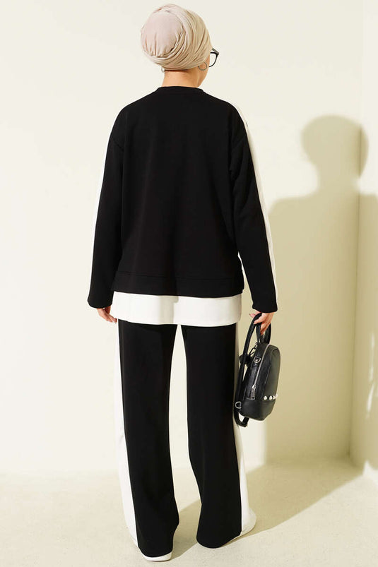 Loysha Garnished Two Piece Suit with Emblem Detail, Black