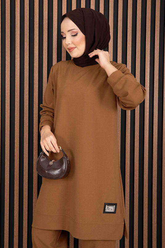 Arma Detailed Sport Hijab Set Due Pezzi, Marrone Chiaro