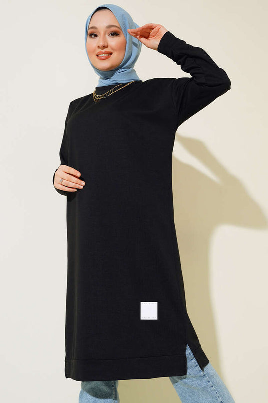 Arma Detaylı Uzun Tunik Siyah