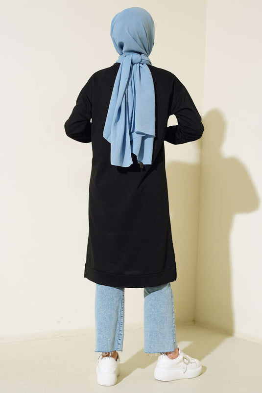 Arma Detaylı Uzun Tunik Siyah