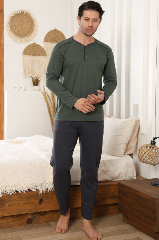 طقم بيجاما رجالي بأكمام طويلة وشعار مميز، لون كاكي