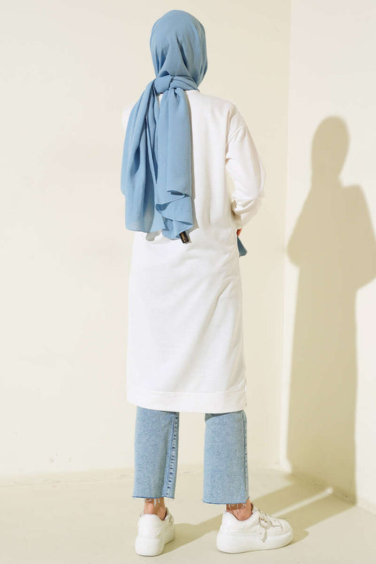 Arma Detaylı Uzun Tunik Beyaz