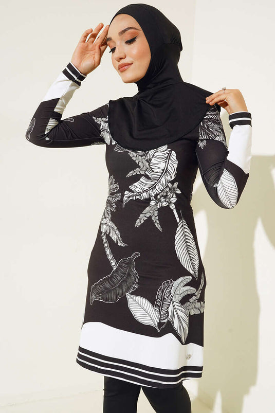 Armada Traje de baño hijab con estampado de hojas detalladas Negro