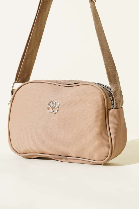 Sac à fermeture éclair à 3 compartiments brodé, beige