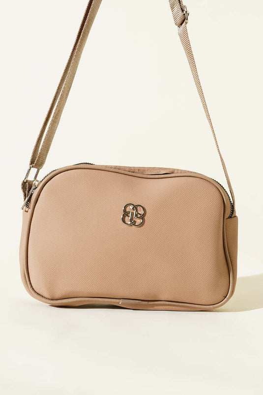 Borsa con cerniera a 3 scomparti ricamata, beige
