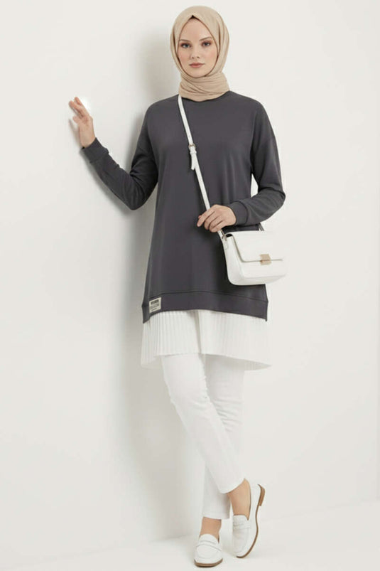 Pleated Tunic with Emblem and Lower Skirt, Smoke Color