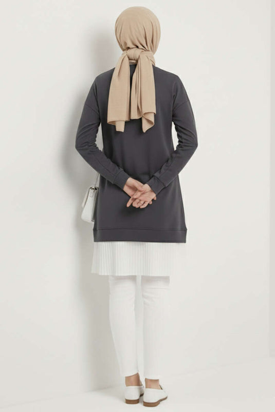 Pleated Tunic with Emblem and Lower Skirt, Smoke Color