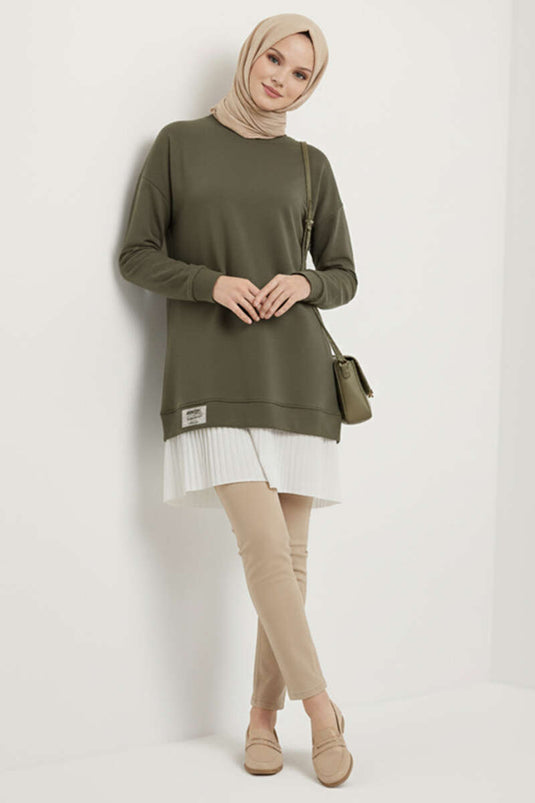 Pleated Tunic with Emblem and Bottom Skirt, Khaki