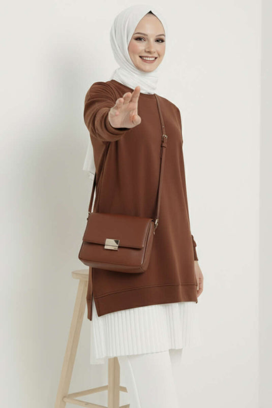 Pleated Tunic with Emblem and Bottom Skirt, Brown