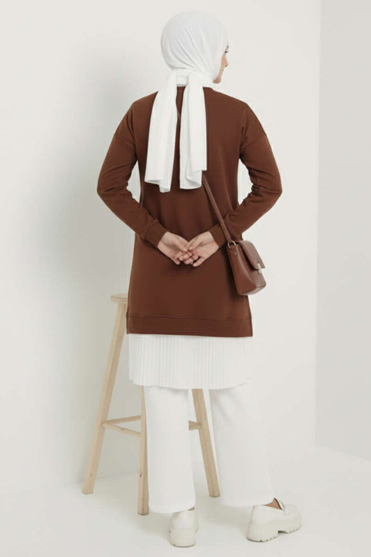 Pleated Tunic with Emblem and Bottom Skirt, Brown