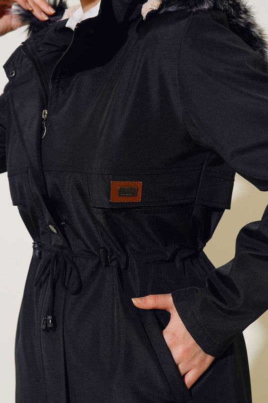 Manteau Brodé Avec Cordon De Serrage À La Taille Noir