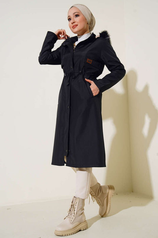 Manteau Brodé Avec Cordon De Serrage À La Taille Noir