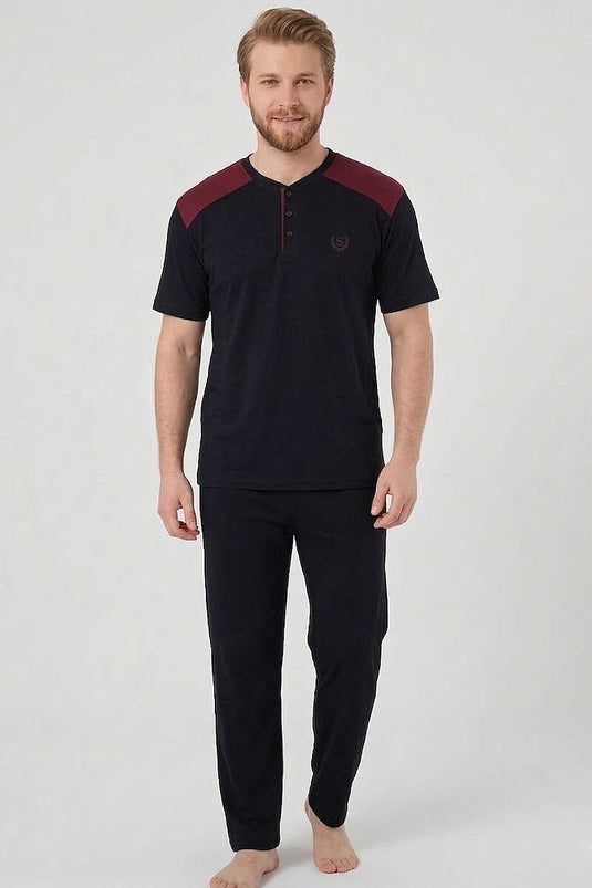 Pigiama Uomo Taglia Grande con Manica Corta e Stemma Blu Navy e Bordeaux