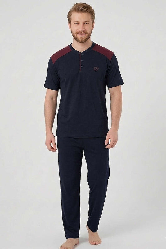 Pigiama Uomo Taglia Grande con Maniche Corte, Blu Navy e Viola, con Stemma