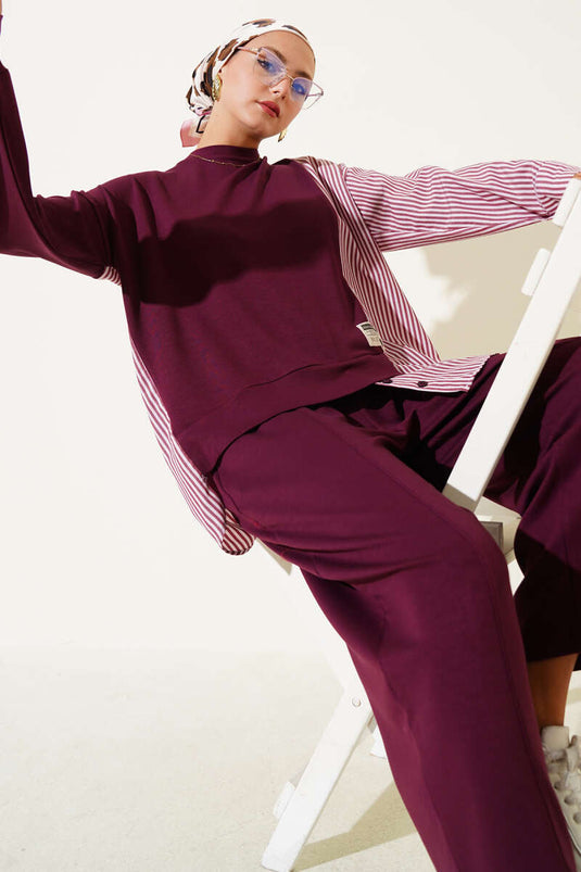 Armalı Çizgili Garnili İkili Takım Bordo