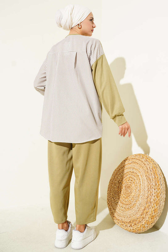 Besticktes, gestreiftes zweiteiliges Set in Hellgrün