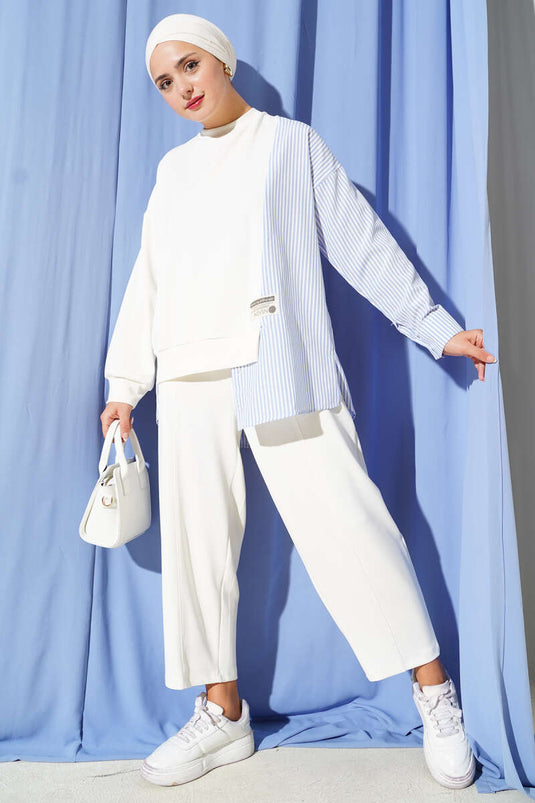 Ensemble deux pièces rayé brodé, écru