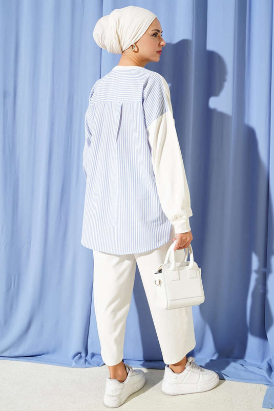 Besticktes, gestreiftes Zweiteiler-Set, Ecru