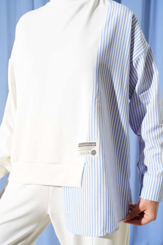 Ensemble deux pièces rayé brodé, écru