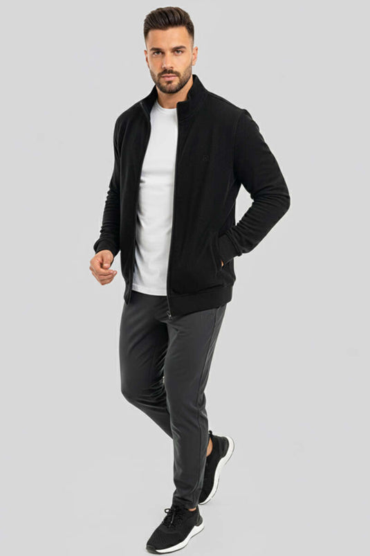 كارديجان رجالي أسود اللون مزين بشعار وسحاب