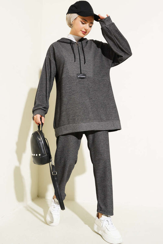 Embroidered Zippered Hooded Two-Piece Set Charcoal