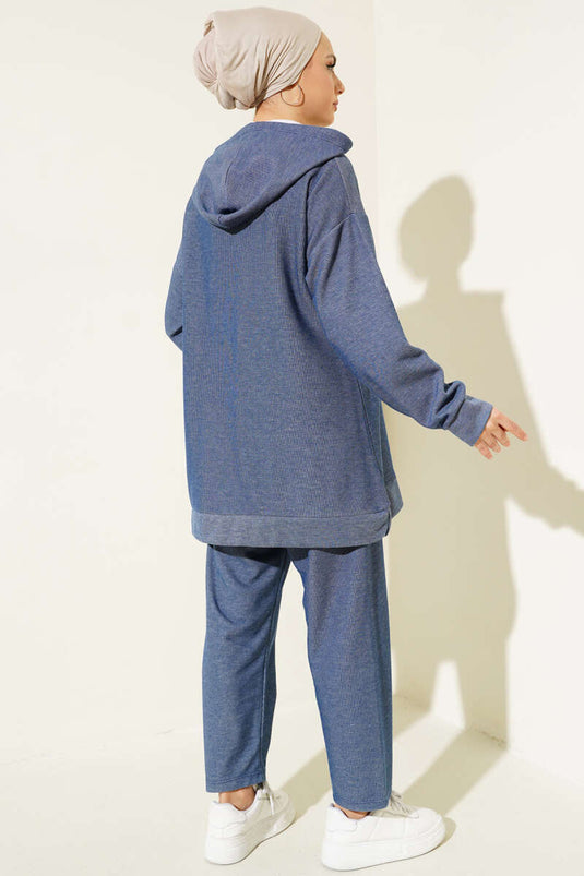 Embroidered Zippered Hooded Two-Piece Set Indigo