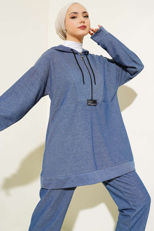 Embroidered Zippered Hooded Two-Piece Set Indigo