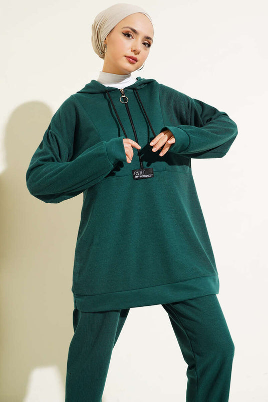 Embroidered Zippered Hooded Two-Piece Set Emerald