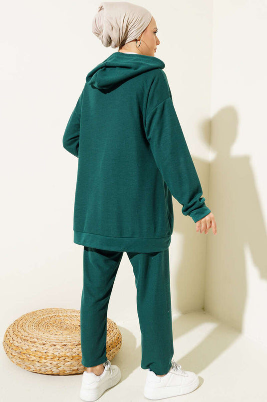 Embroidered Zippered Hooded Two-Piece Set Emerald