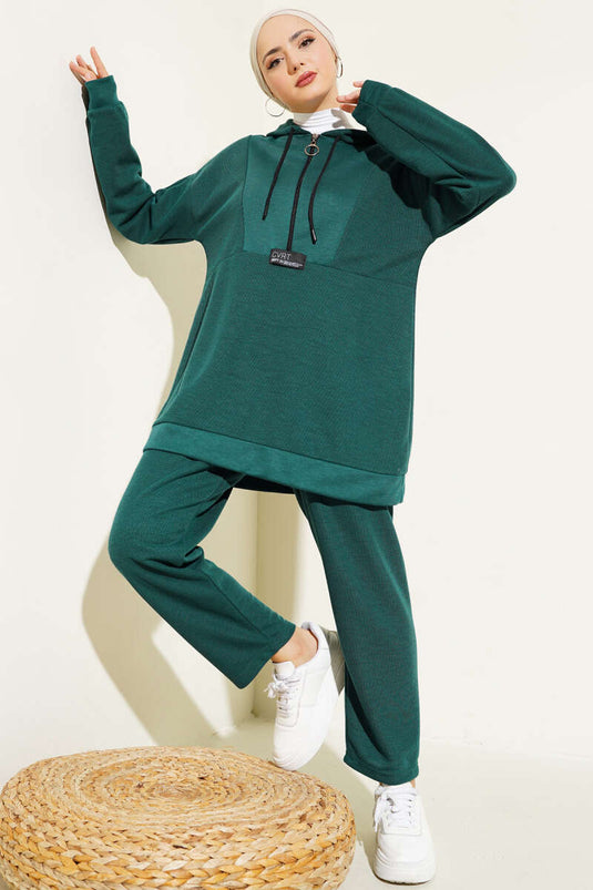 Embroidered Zippered Hooded Two-Piece Set Emerald