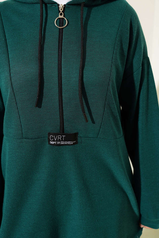 Embroidered Zippered Hooded Two-Piece Set Emerald