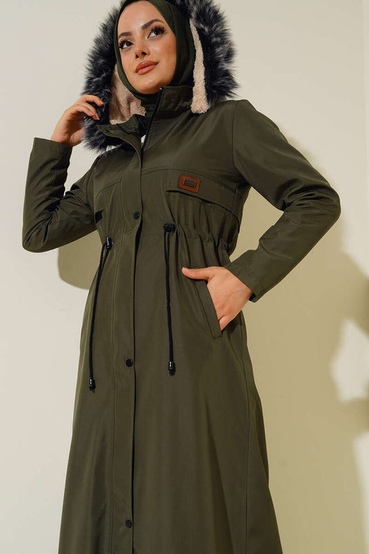 Manteau Long Doublé Fourrure Brodée Kaki