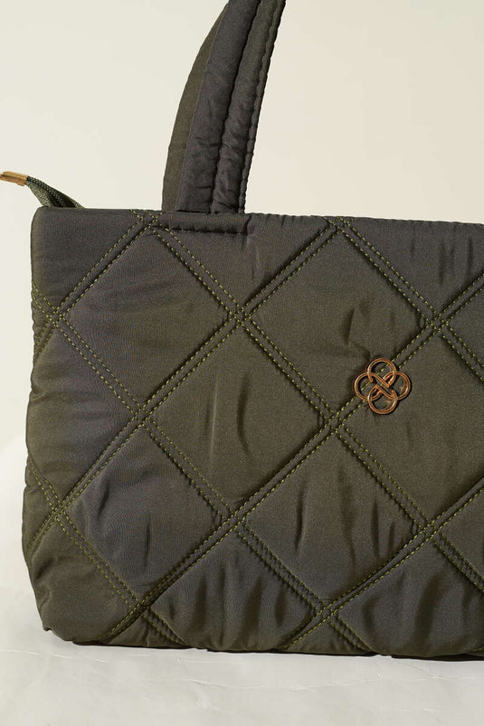 Dameshandtas met stiksel en embleem, kaki