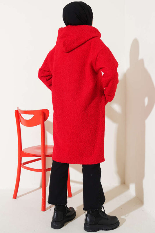 Embroidered Hooded Boucle Coat Red