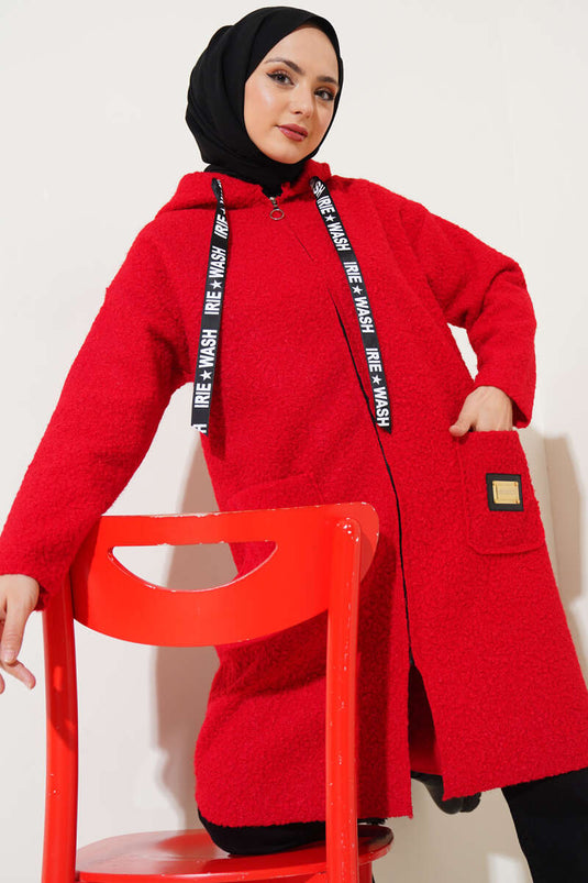 Embroidered Hooded Boucle Coat Red