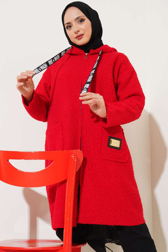 Manteau Boucle À Capuche Brodé Rouge