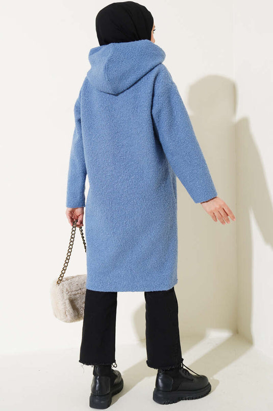 Embroidered Hooded Boucle Coat Blue