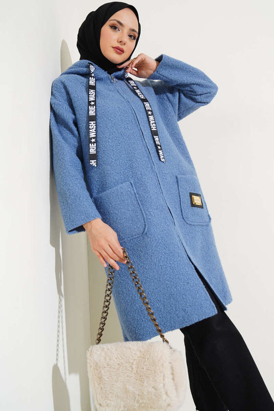 Embroidered Hooded Boucle Coat Blue