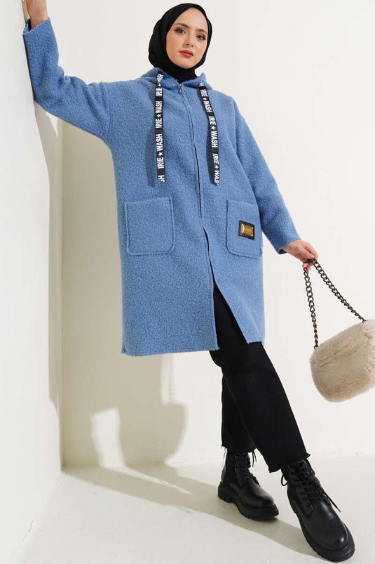 Embroidered Hooded Boucle Coat Blue