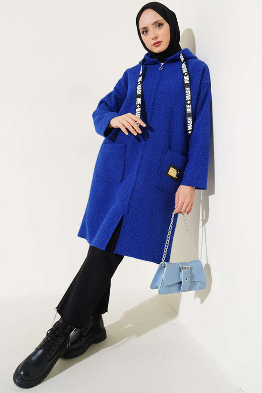 Embroidered Hooded Boucle Coat Blue