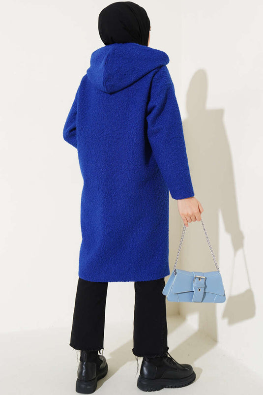 Embroidered Hooded Boucle Coat Blue