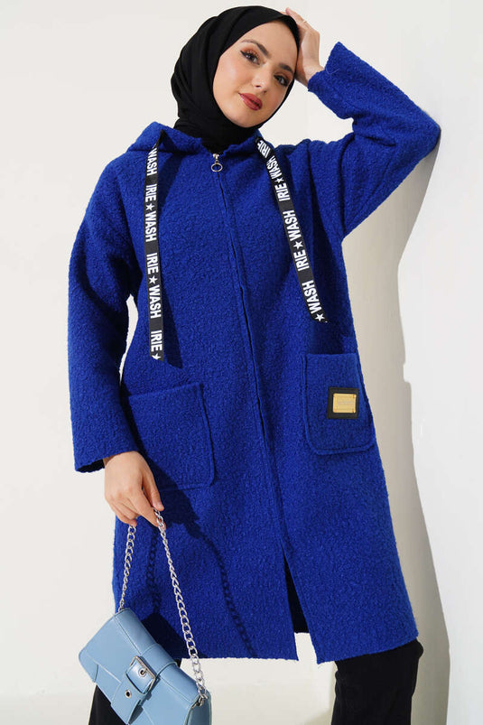 Embroidered Hooded Boucle Coat Blue