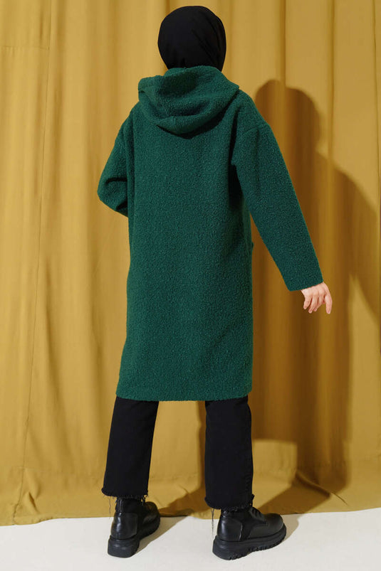 Embroidered Hooded Boucle Coat Emerald