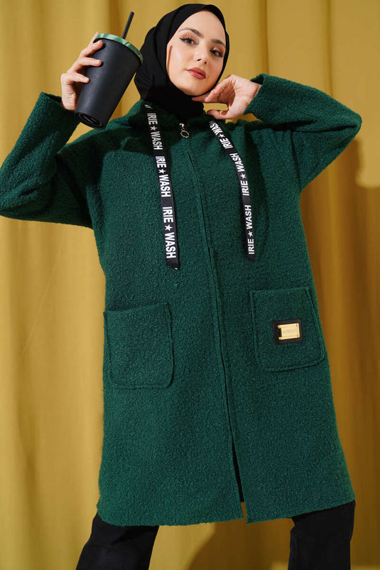 Embroidered Hooded Boucle Coat Emerald