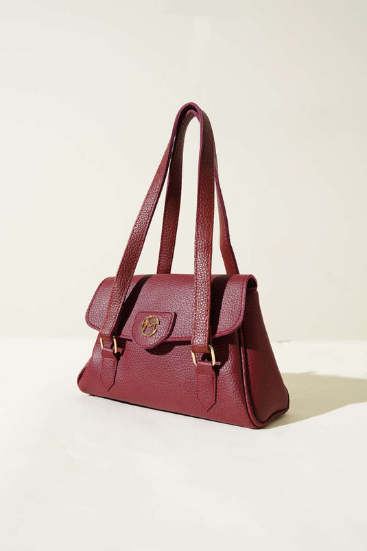 Single Compartment Bag with Emblem and Magnetic Clasp, Claret Red