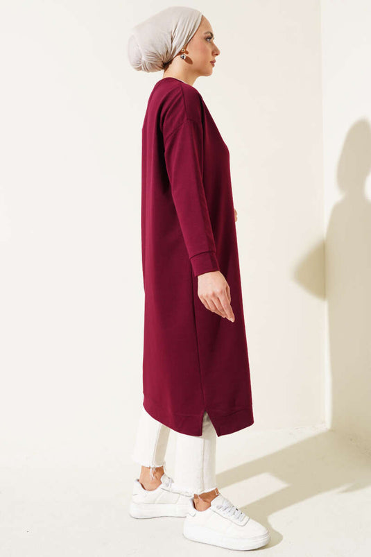 Long Basic Tunic with Emblem Burgundy