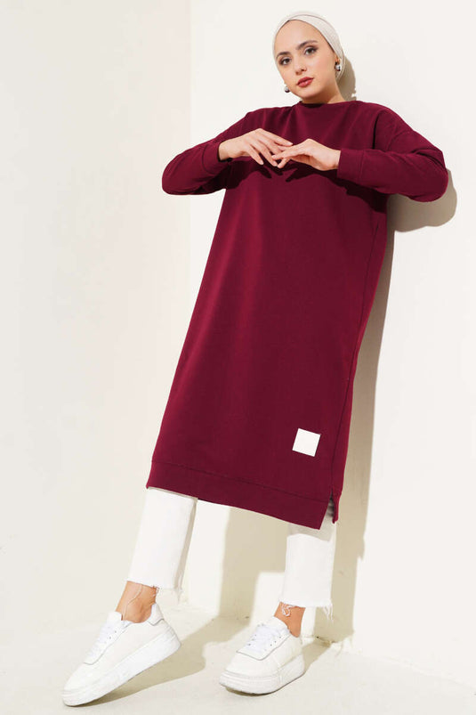 Long Basic Tunic with Emblem Burgundy