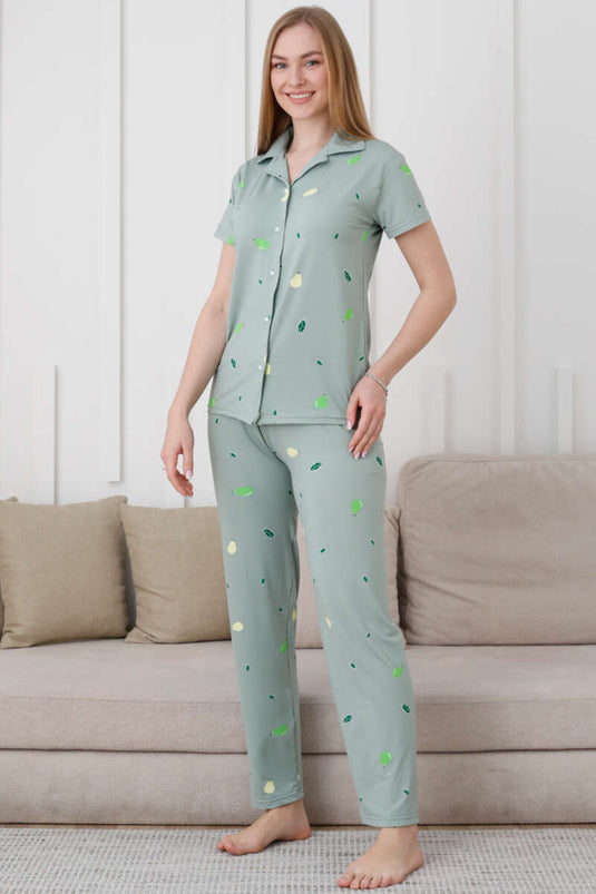 Ensemble pyjama à manches courtes boutonné à motif poire, vert amande